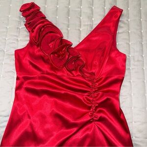 Betsy & Adam Red One-Shoulder Ruffle Satin Dress